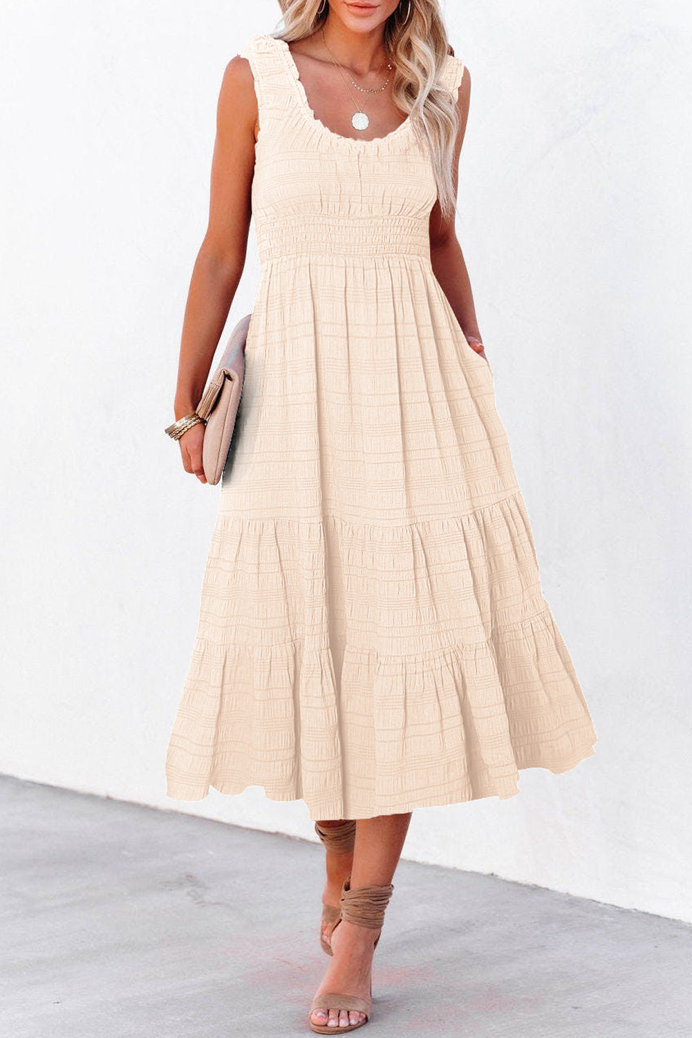 Green Shirred Pleated Square Neck Sleeveless Midi Dress