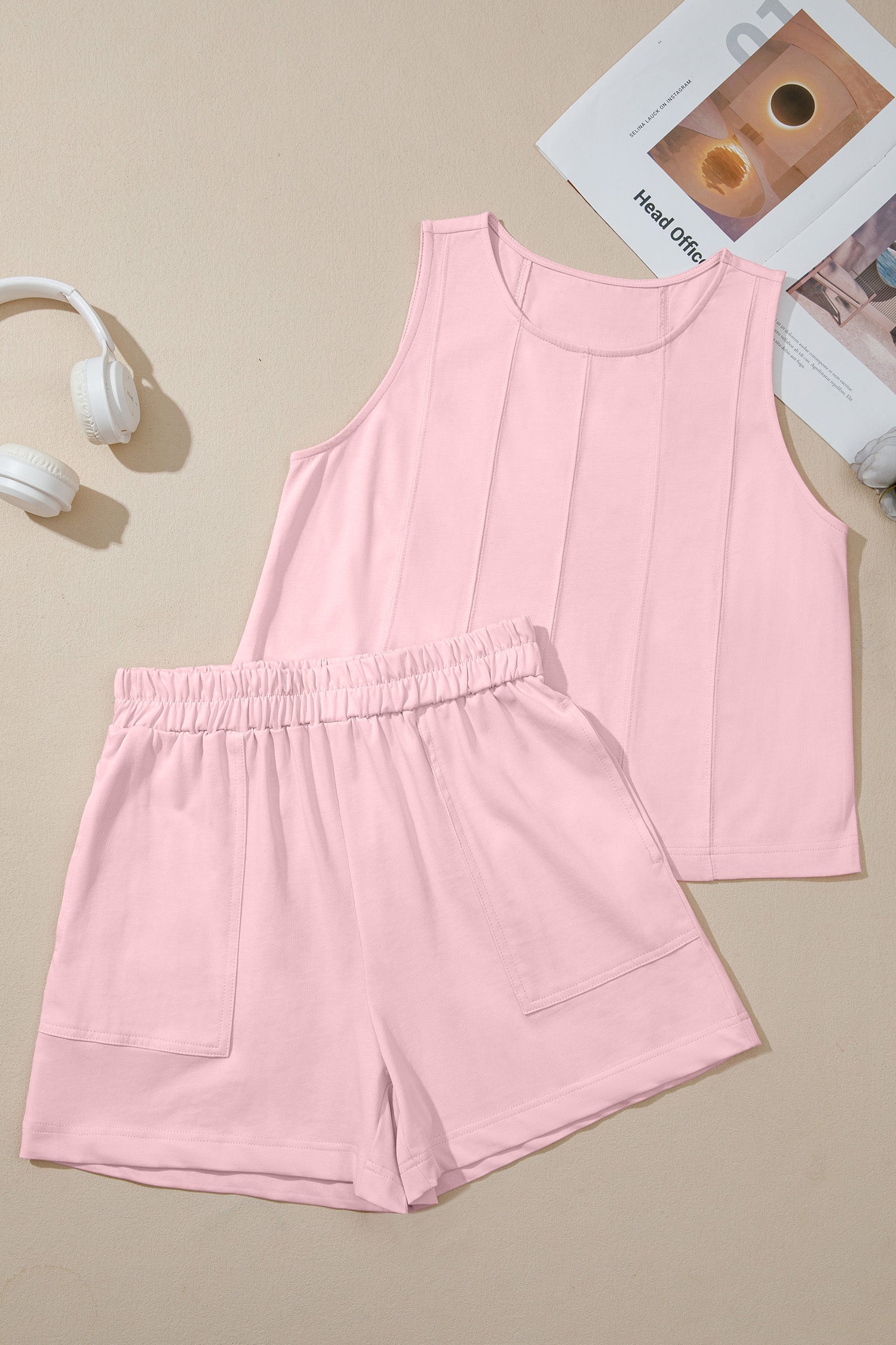 Mist Blue Stitched Detail Loose Tank Top 2pcs Short Set