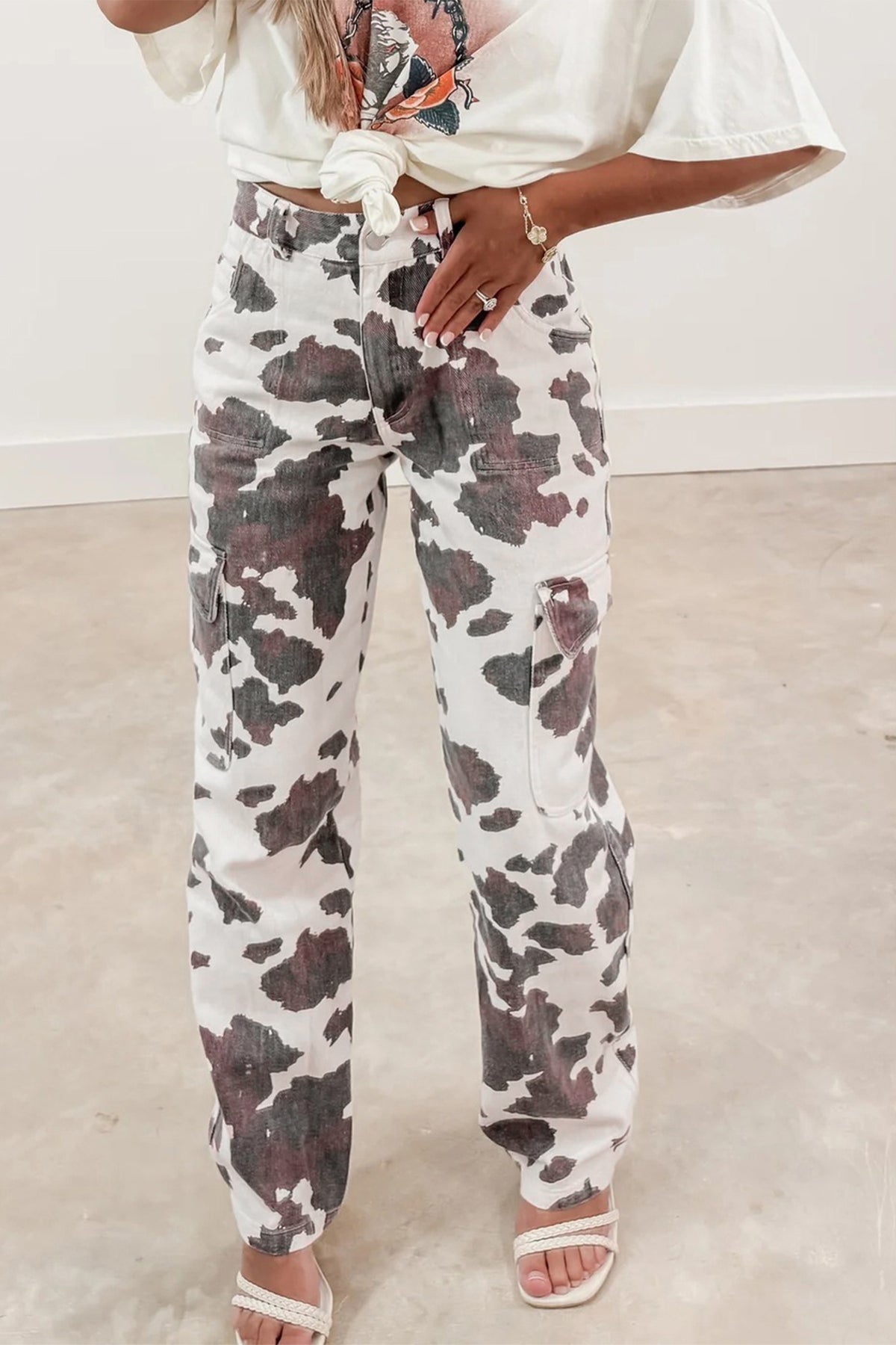 Brown Cow Spots Printed Multi Pocketed Jeans