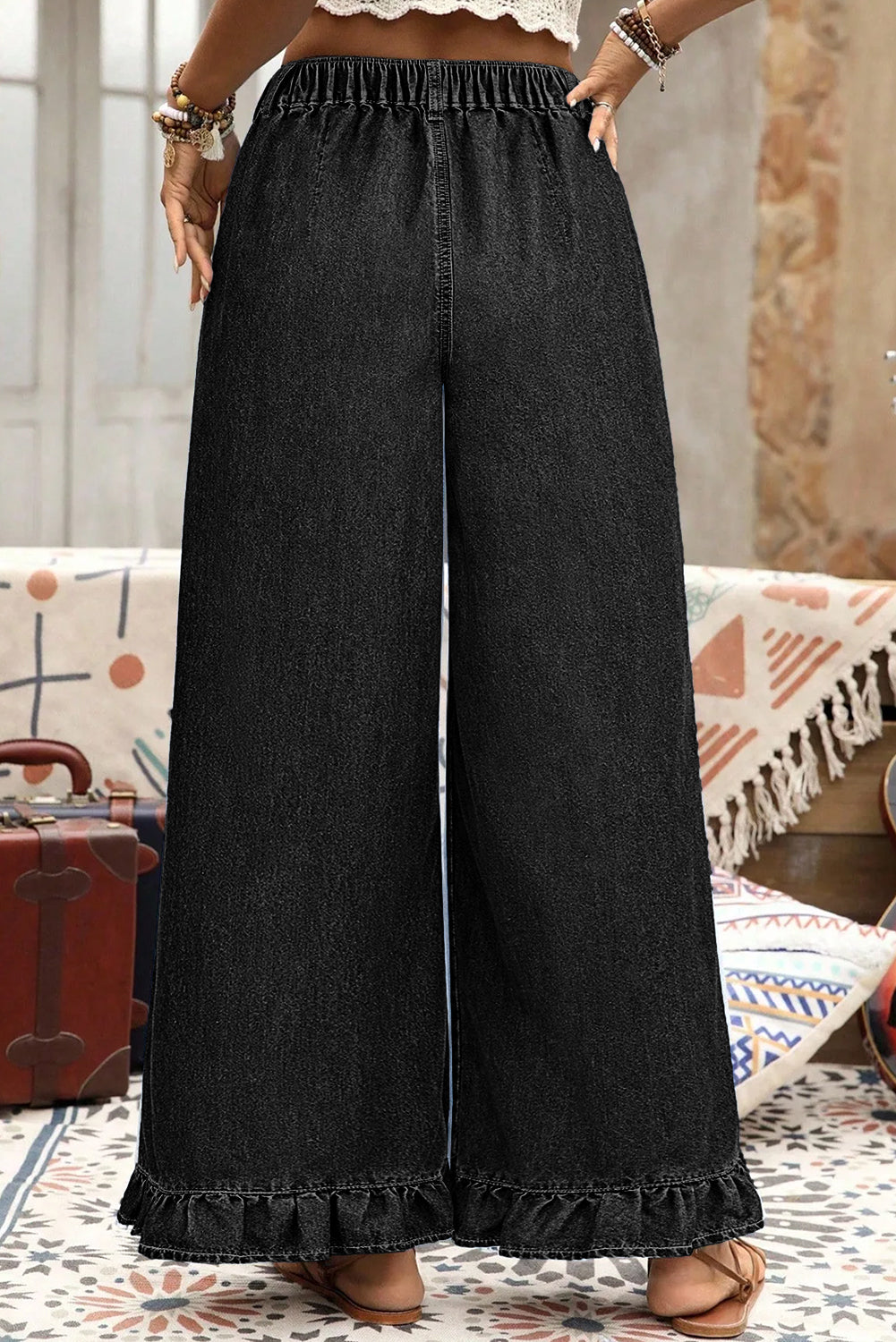 Beau Blue Plus Size Elastic Waist Ruffled Wide Leg Denim Pants