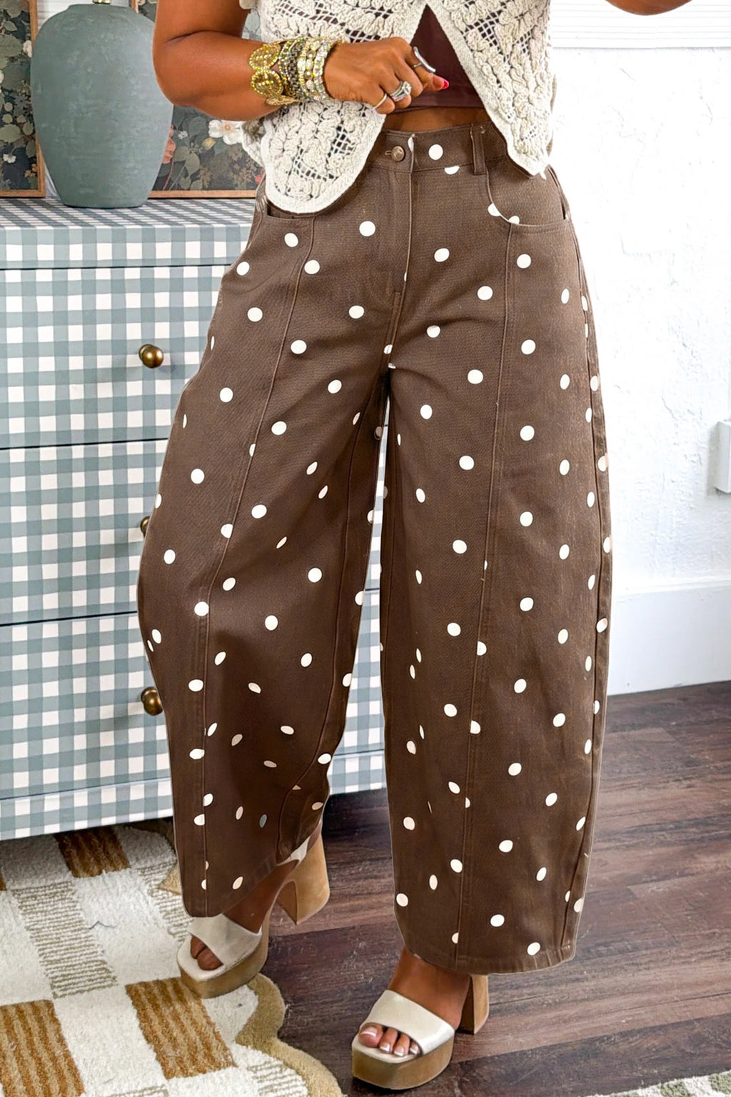 Blue Polka Dot Print Seam Detail Barrel Jeans
