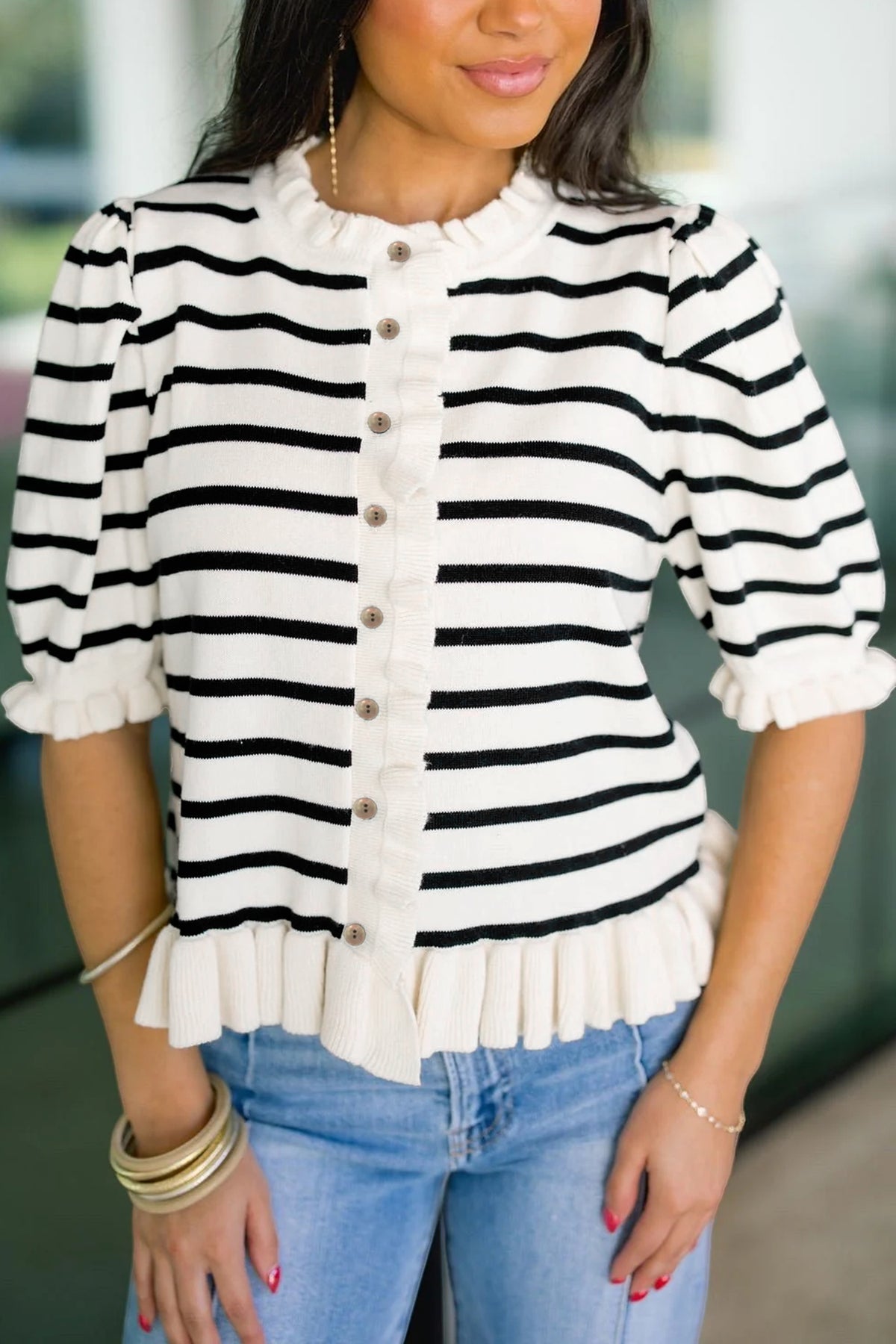 Beige Stripe Ruffle Trim Button Down Knit Short Sleeve Sweater Cardigan