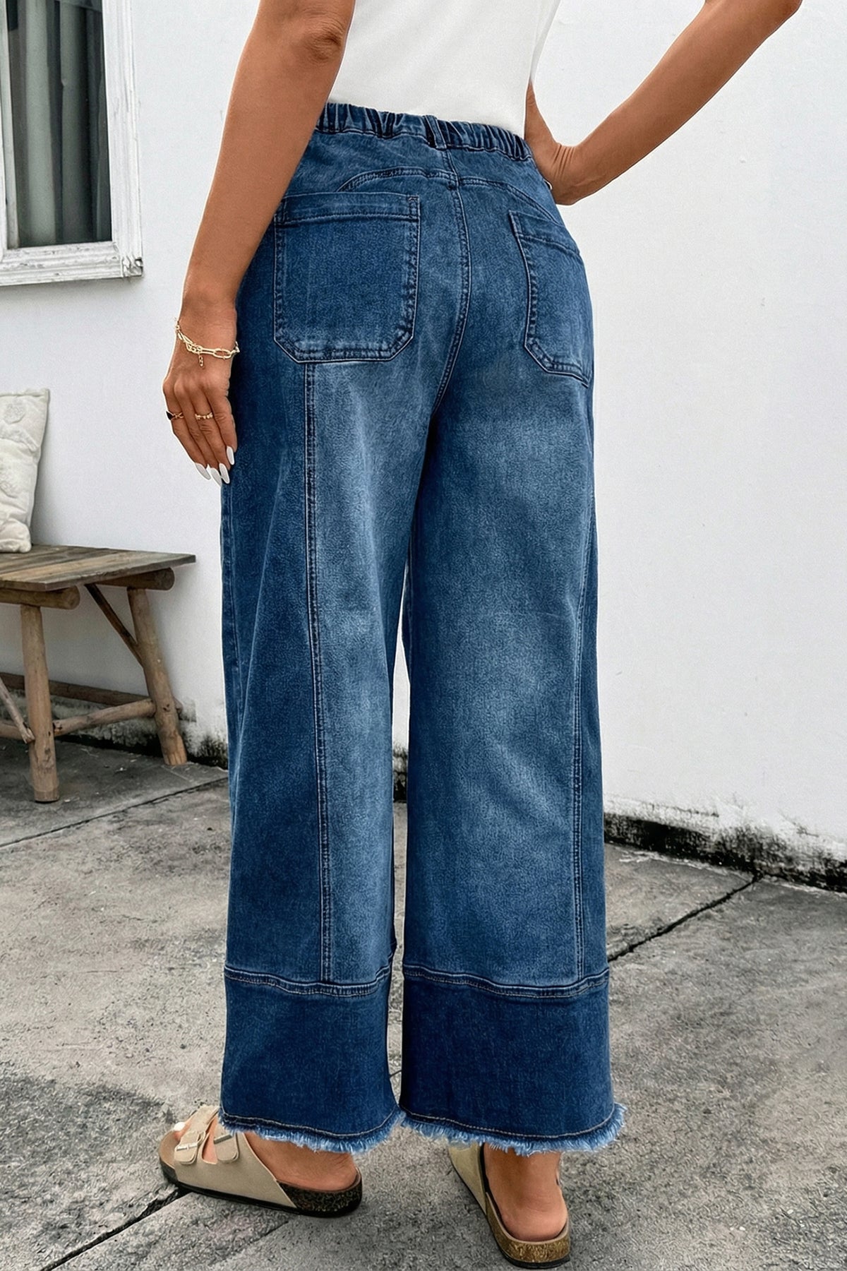 Prussian Blue Drawstring Seam Detail Raw Hem Wide Leg Denim Pants