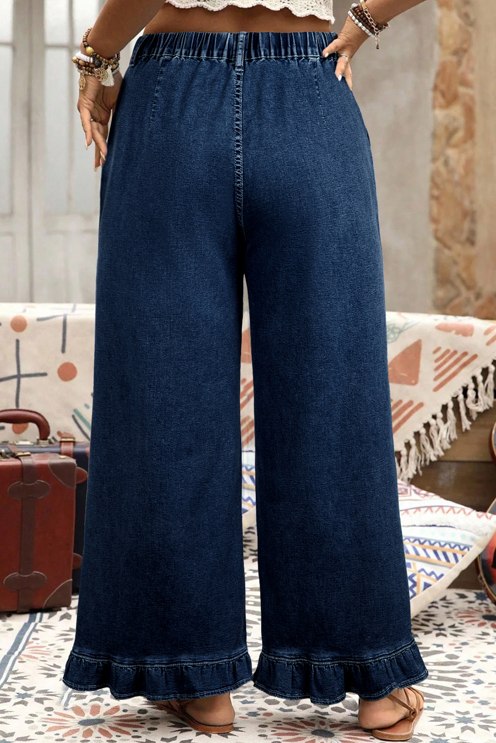 Beau Blue Plus Size Elastic Waist Ruffled Wide Leg Denim Pants