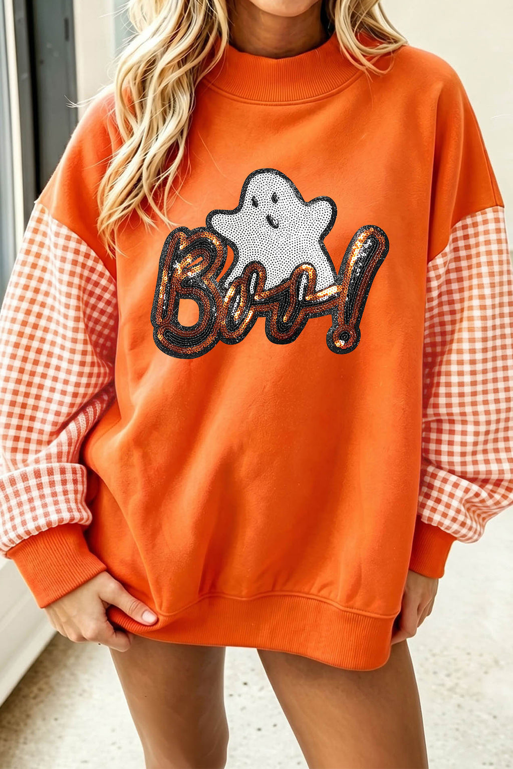 Russet Orange Boo Sequin Ghost Plaid Patchwork Sleeve Halloween Pullover Sweatshirt