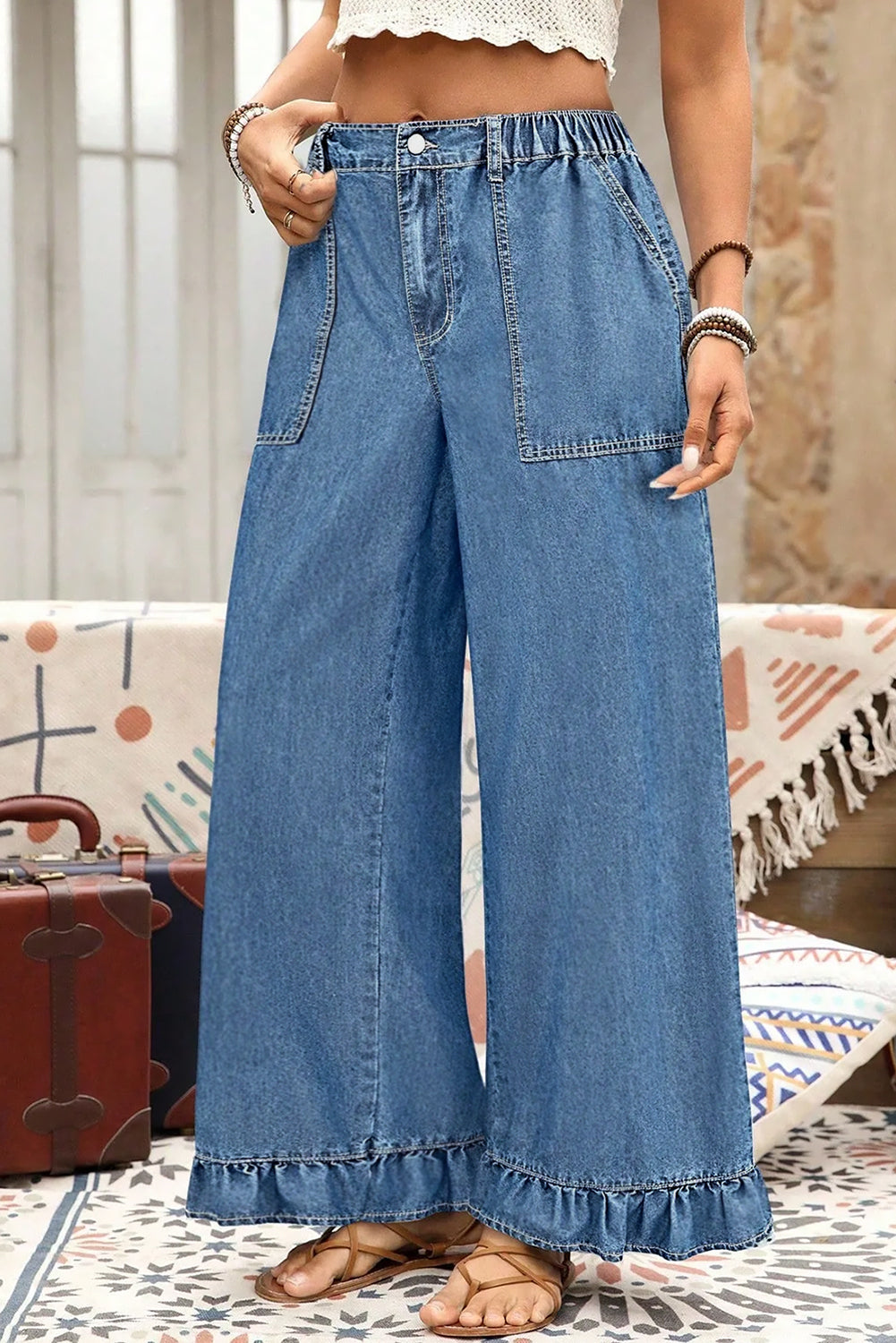 Beau Blue Plus Size Elastic Waist Ruffled Wide Leg Denim Pants