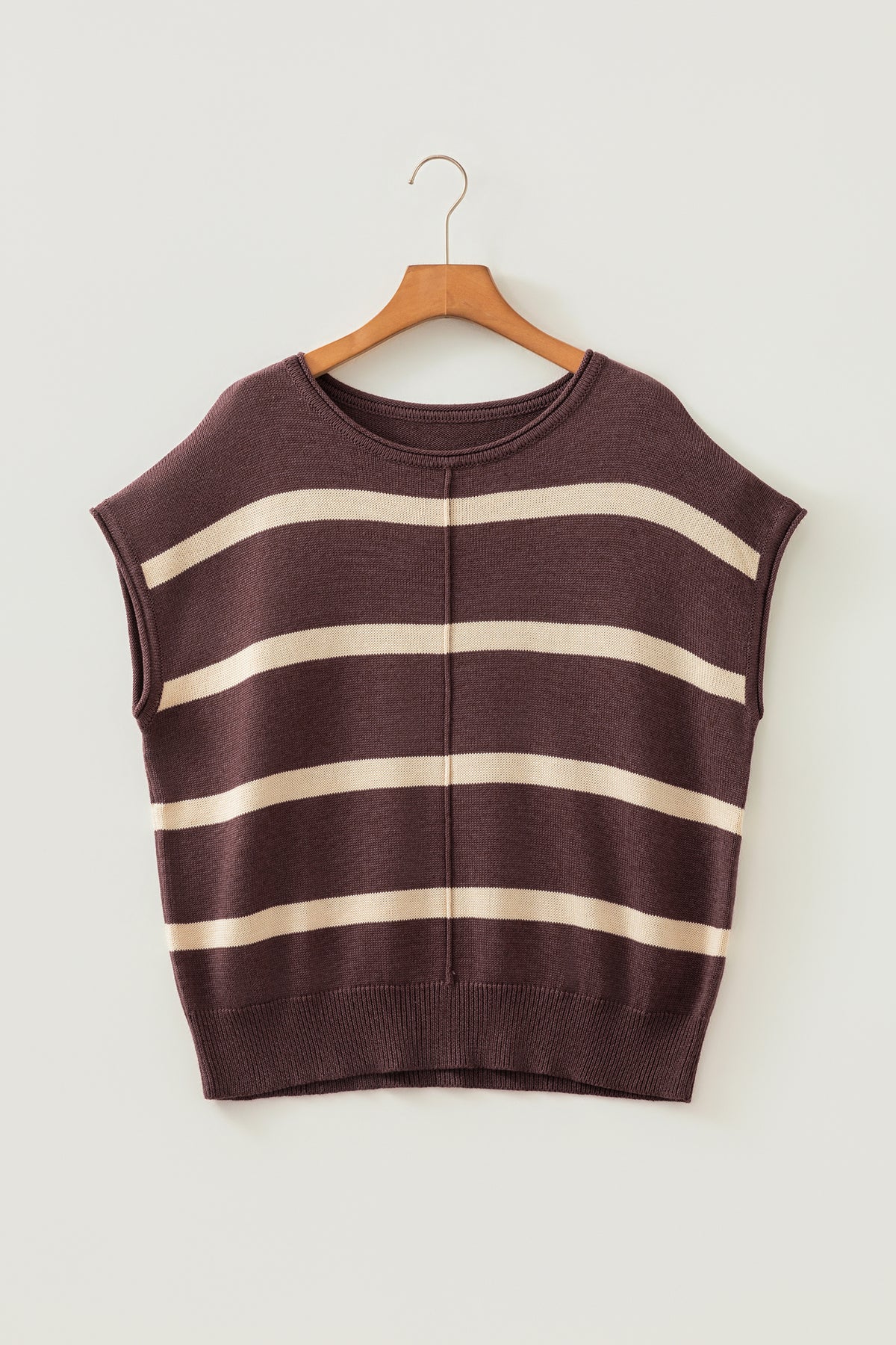 Brown Stripe Colorblock Knit Plus Size Sleeveless Casual Sweater